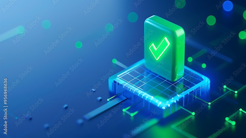 Poster futuristic technology concept with a glowing green checkmark icon on a digital platform, representin