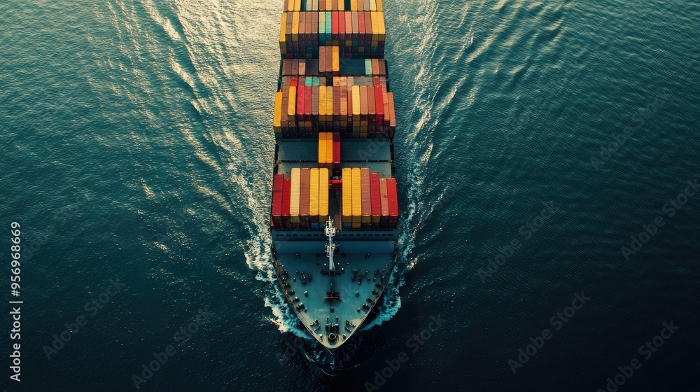 Poster top-down view of a massive cargo container ship on the open ocean, loaded with containers. highlight