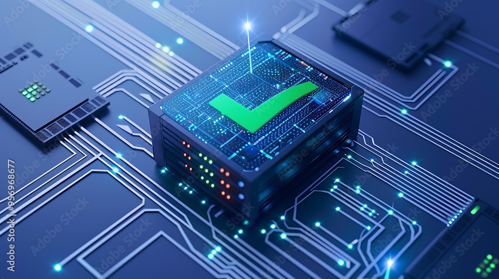 Poster futuristic technology concept with digital circuits and a glowing green check mark, symbolizing succ