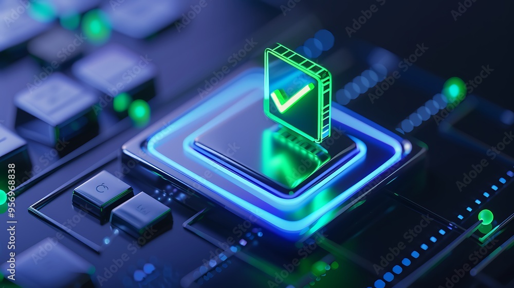 Poster futuristic technology depicted with glowing checkmark icon on circuit board, symbolizing digital adv