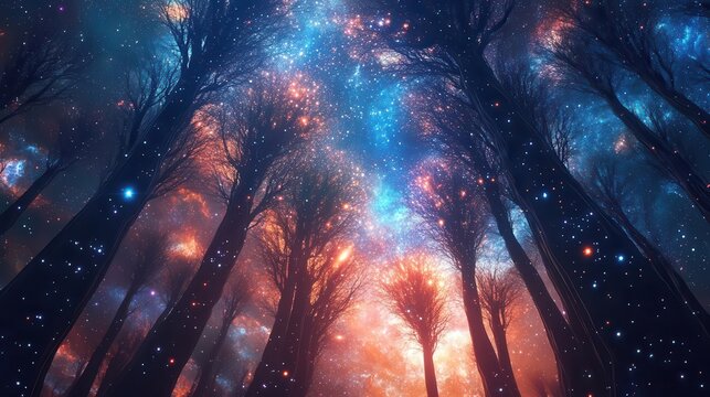 A surreal cosmic forest scene with vibrant colors and twinkling stars creating an enchanting atmosphere for exploration.