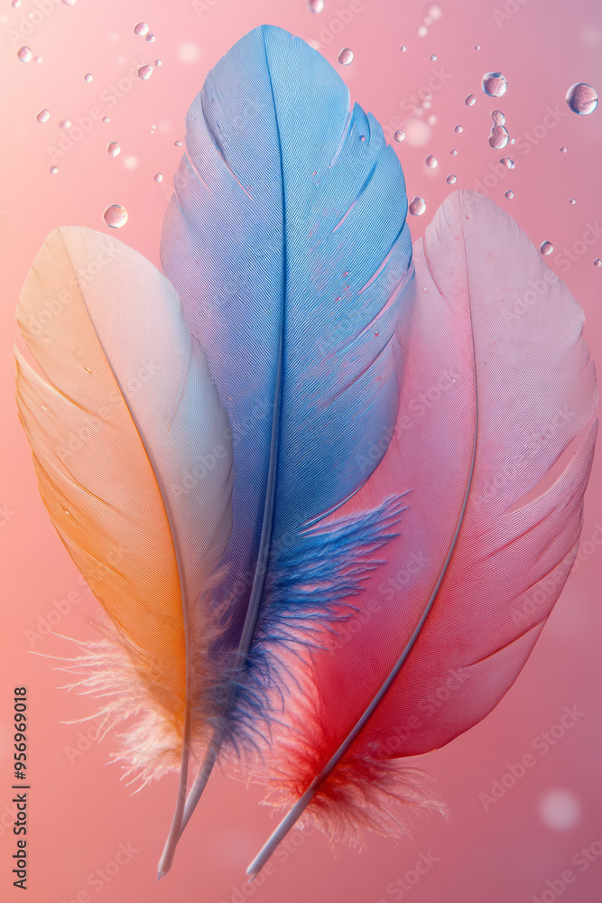 Poster a close-up of three feathers floating in the air, each feather symbolizing strength, spirit, and min