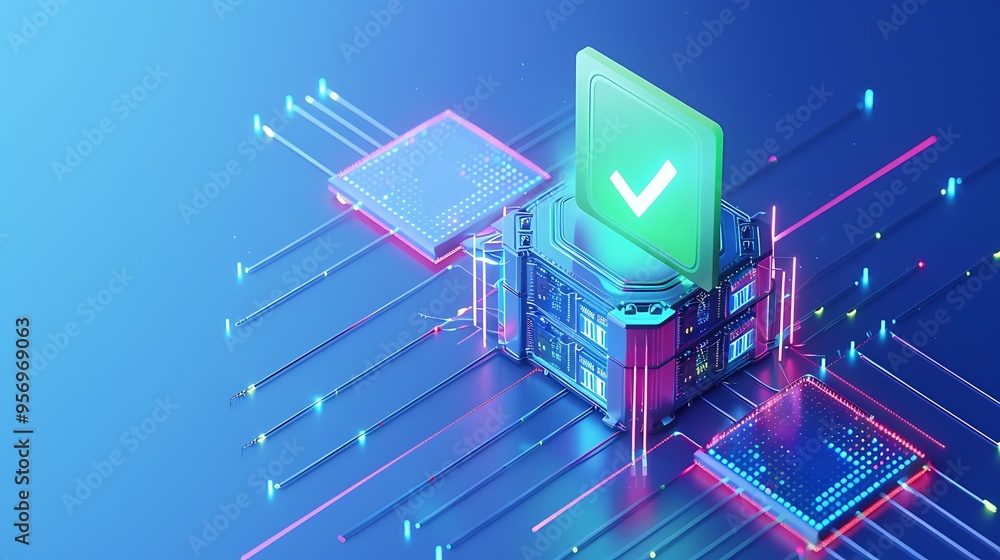 Poster futuristic technology with a digital checkmark, representing successful data processing, verificatio