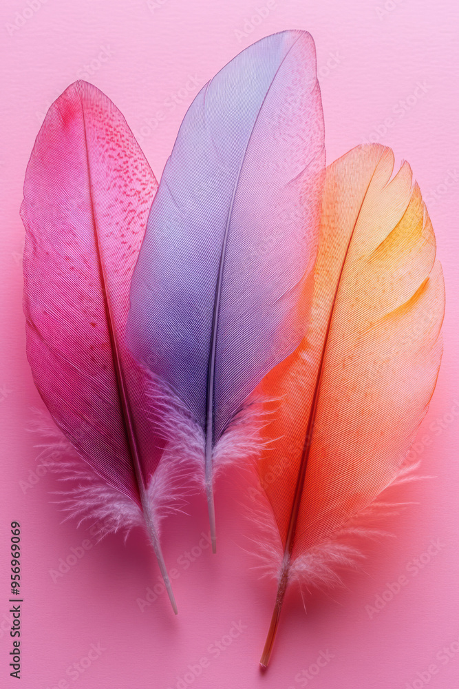 Poster a close-up of three feathers floating in the air, each feather symbolizing strength, spirit, and min