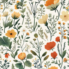 Vintage vector botanical illustration, Set, Autumn flowers, berry and leaves, Colorful