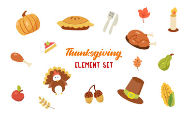 Cartoon thanksgiving day elements. Happy family autumn holiday, traditional food, harvest festival, pumpkins, turkey and pie, pilgrim hat and harvest, tidy icon vector isolated set