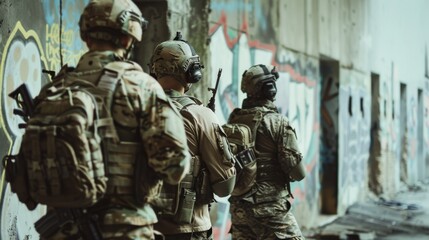 Three fully equipped soldiers in tactical gear navigate an urban setting adorned with graffiti, on high alert and prepared for action.