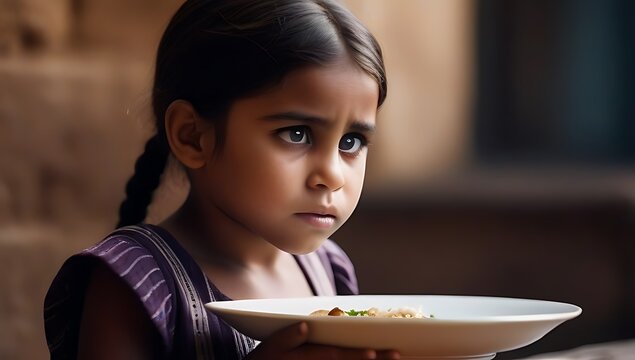 young child holding empty plate portraying harsh reality poverty hunger evoking image sad orphan girl begging sustenance
