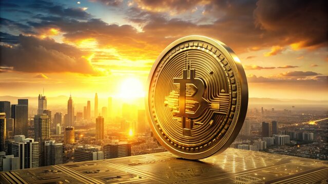 Shiny gold cryptocurrency token with encrypted digital code spinning around it, set against a blurred cityscape background at sunset with advanced technological glow.