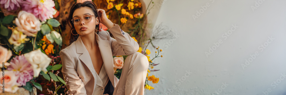 Wall mural a woman in a beige suit is sitting in front of a wall of flowers. the woman is wearing sunglasses an