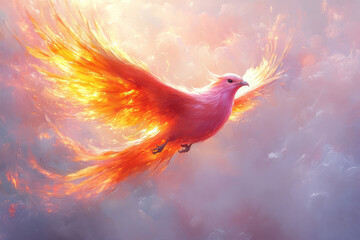 Fototapeta premium An artistic depiction of a phoenix with three distinct wings--one of fire (strength), 