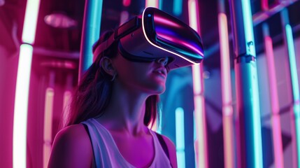 Fototapeta premium A woman wearing a VR headset explores a neon-lit space with vibrant colors and glowing lights, immersed in a virtual reality experience.