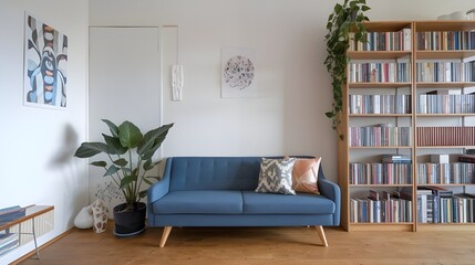 Fototapeta premium A Scandinavian home interior design of a modern living room. There's a blue sofa with a few decorative pillows and a bookcase filled with books.