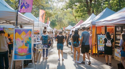 Naklejka premium A vibrant outdoor art festival with diverse stalls showcasing colorful artworks, people enjoying the event under a canopy of trees.