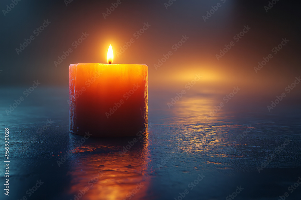 Aufkleber A minimalist 3D rendering of a single candle flame flickering softly in a dark room, casting gentle shadows on the walls, isolated on a pastel gray background,