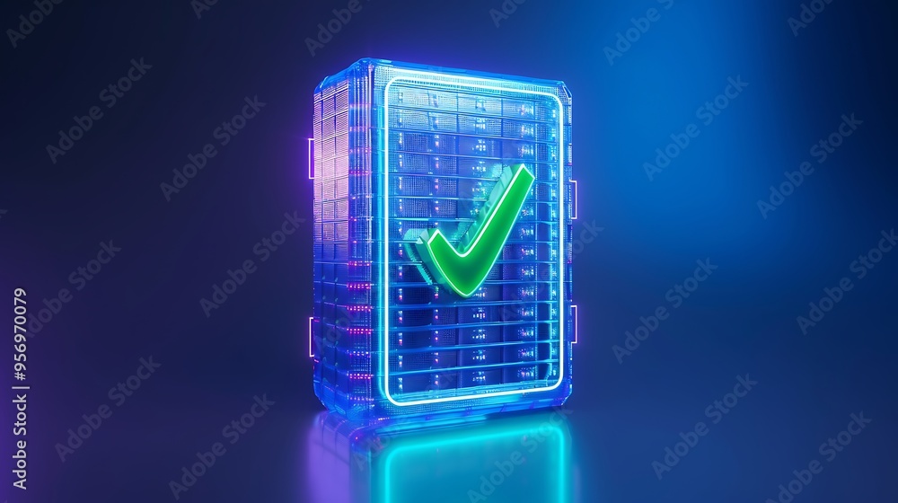 Poster glowing futuristic server with a green check mark, symbolizing security and data integrity in a high