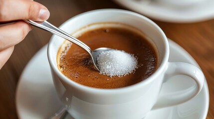 Hands stirring sugar into a cup of coffee with a spoon, close-up shot