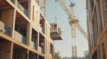 A large construction crane lifts a prefabricated section of a building, highlighting the modern methods of construction in an urban setting.