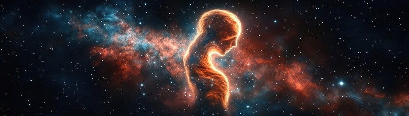 Ethereal silhouette emerges from a colorful cosmic background, symbolizing the connection between humanity and the universe.