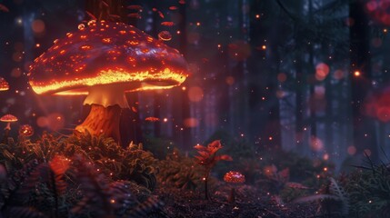 Fototapeta premium A surreal, magical scene in a dark forest with glowing mushrooms casting an enchanting light among the trees.