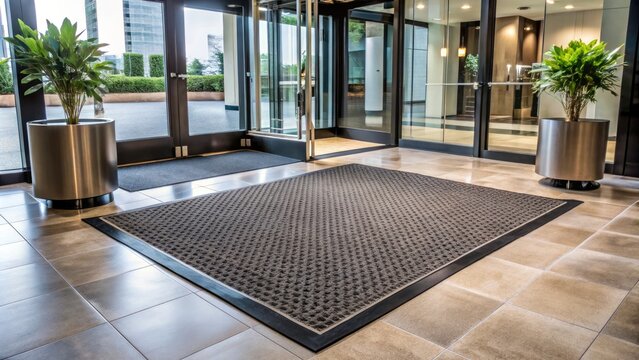 A modern commercial entrance with a stylish mat featuring a subtle logo pattern, inviting customers into a sleek and sophisticated corporate office or retail space.