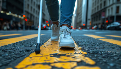 Midsection of blind man, woman with white cane walking in the street. International White Cane Day