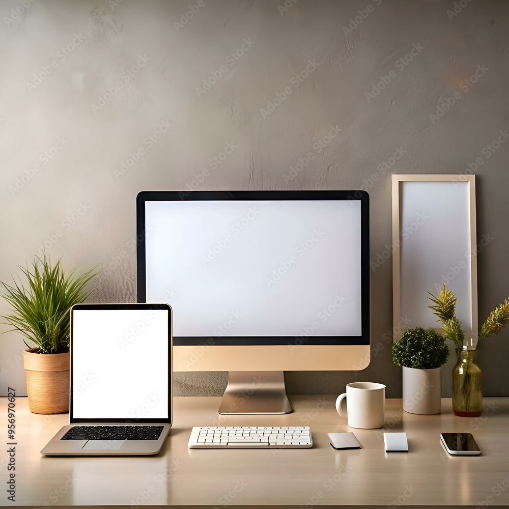 Poster clean and modern workspace mockup featuring a desktop computer. laptop. and blank frame.