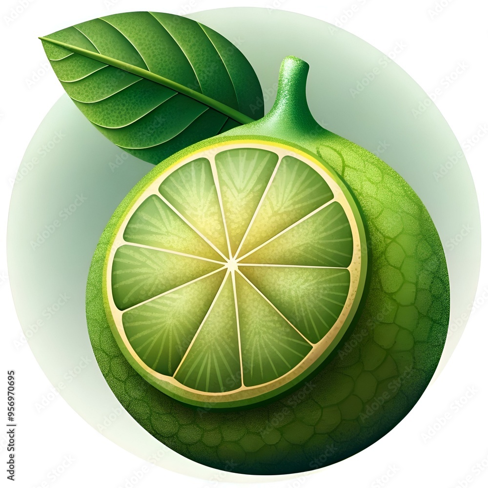 Poster a vibrant 3d illustration of a halved kaffir lime with a textured rind and a detailed. segmented int