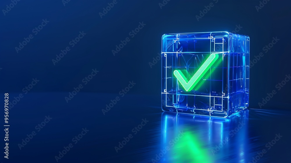 Poster glowing green checkmark inside a transparent cube, symbolizing approval and verification in a digita