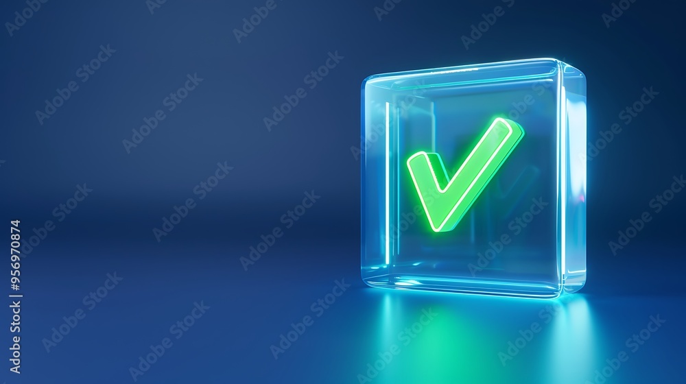 Poster glowing green checkmark inside a transparent cube on a blue background signifying approval, validati