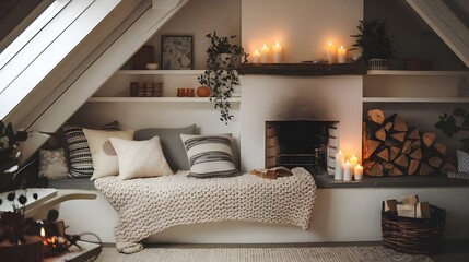 A cozy reading nook in a Scandinavian farmhouse with a hygge home interior design. The nook is located in the attic and has amodern living room setup. A bench with a knit blanket and pillows.