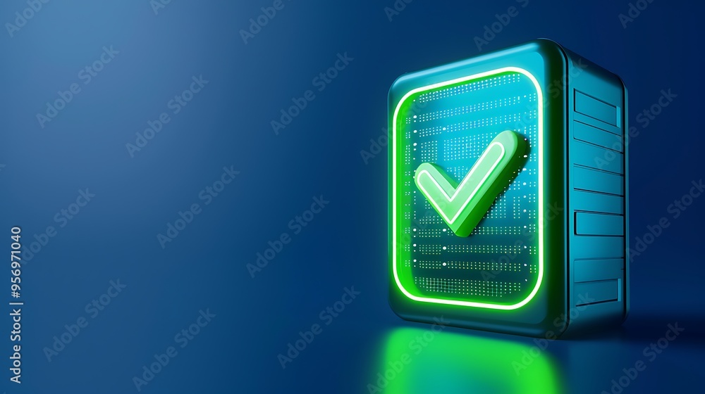Poster glowing green checkmark on a futuristic blue server background, representing confirmation or securit