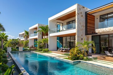 Fototapeta premium Modern luxury townhouses with swimming pool in tropical setting, showcasing sleek architecture and lush greenery