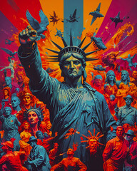 Statue of liberty with crowd of people on colorful background. 3d illustration