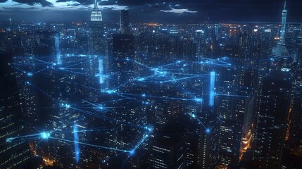 Obraz premium Digital cityscape with interconnected networks and digital elements, representing the integration of smart urban technology in an evening setting
