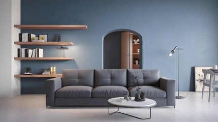 A modern apartment interior design. A living room with a gray sofa placed in front of a blue mock-up wall.