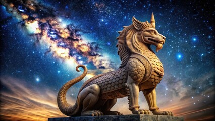 Ancient Mesopotamian dragon god statue with serpent-like body and lion's head, symbolizing power and fertility, set against a mystical, starry night sky background.