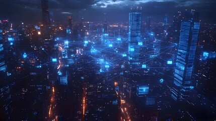 Obraz premium Digital cityscape with interconnected networks and digital elements, representing the integration of smart urban technology in an evening setting