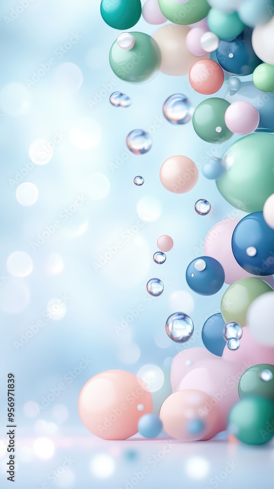 Aufkleber a vibrant composition of floating spheres and bubbles against a soft blue background, creating a pla