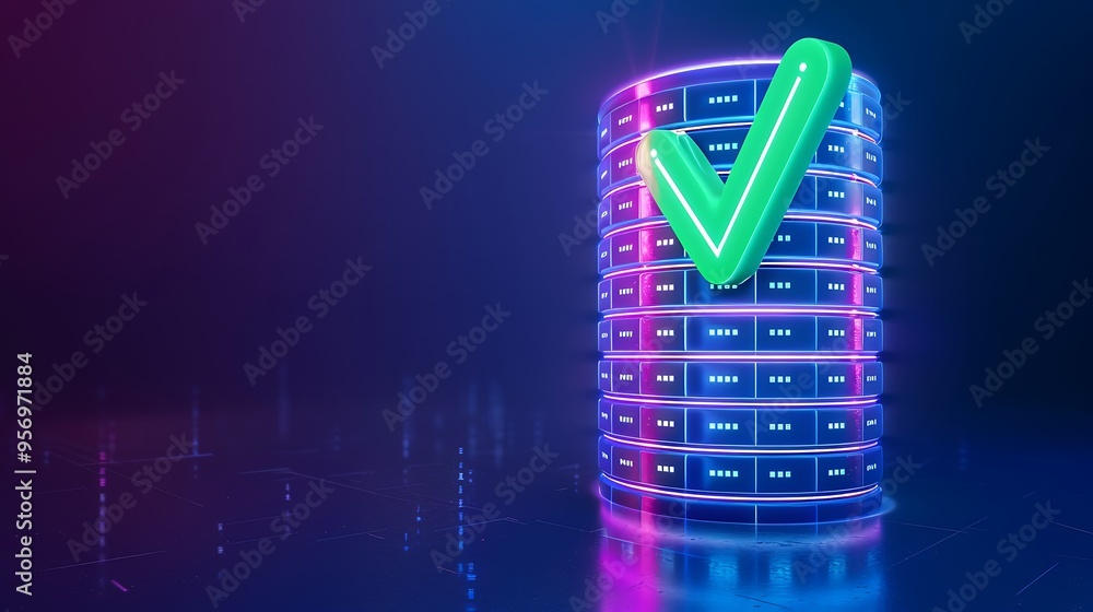 Poster glowing server stack with a neon green checkmark in a futuristic setting, symbolizing secure and ver