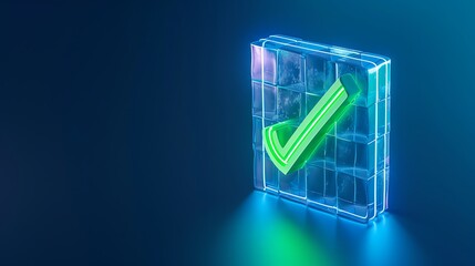 Glowing neon green checkmark inside a transparent cube on a dark blue background, symbolizing confirmation, approval, or success.