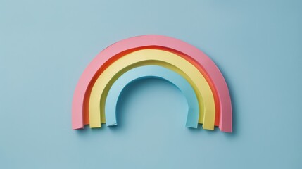 A minimalist rainbow with flat pastel colors arch spread against a peaceful blue background, evoking simplicity and harmony.