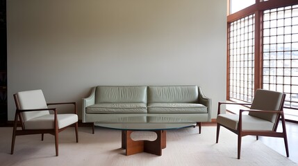 Fototapeta premium A mid-century, retro, vintage style living room with a light green leather sofa against a wall. The room has a modern design with a rug, a wooden coffee table and a few potted plants.