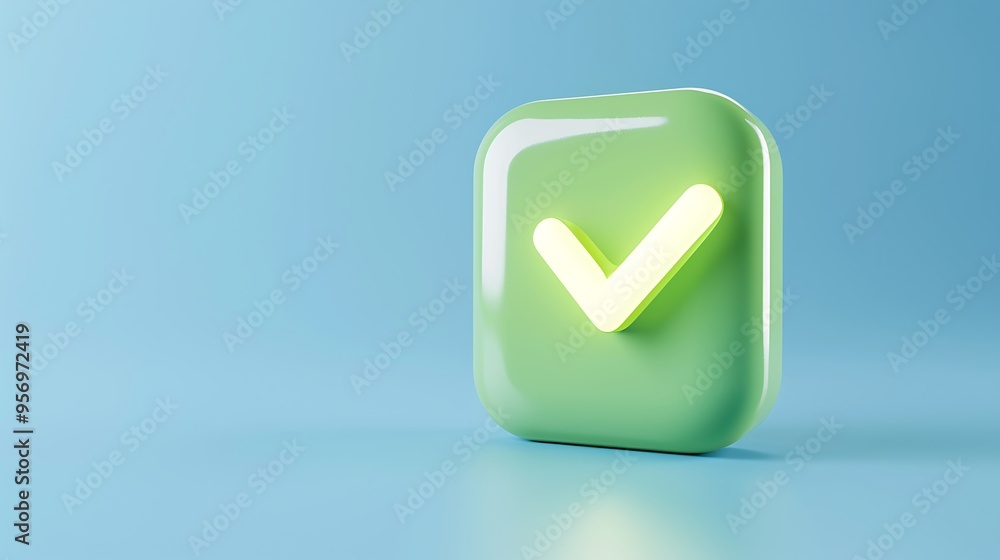 Poster green check mark symbol in a glossy square button on a light blue background, representing acceptanc