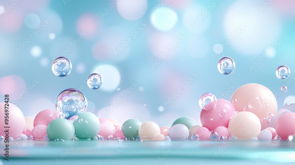 Poster a vibrant scene of colorful spheres floating in water, creating a dreamy and refreshing atmosphere w