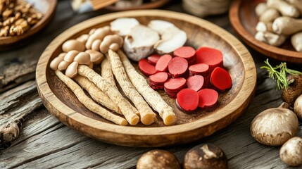 Fototapeta premium Traditional Chinese herbal medicine ingredients displayed in a wooden dish. Ginseng, red ginseng, and reishi mushrooms presented as natural solutions for health.
