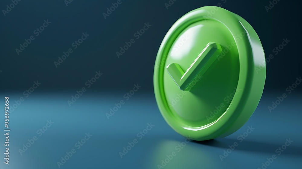 Poster green checkmark button symbol on a blue background, representing approval or confirmation in a simpl