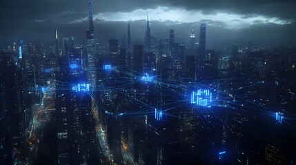 Obraz premium Digital cityscape with interconnected networks and digital elements, representing the integration of smart urban technology in an evening setting