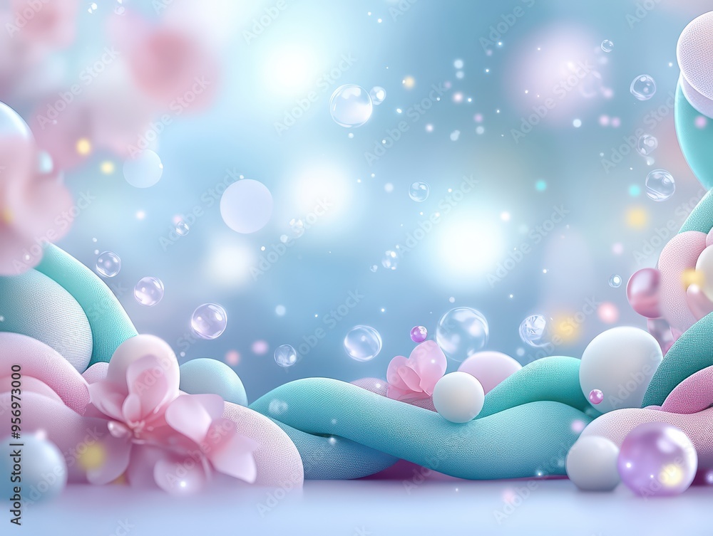 Poster a whimsical composition of pastel colors with bubbles and soft blooms, creating a dreamy and serene 