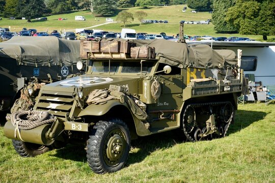 Vintage American Army Half Track Vehicle. Derbyshire, UK, August 2024. 